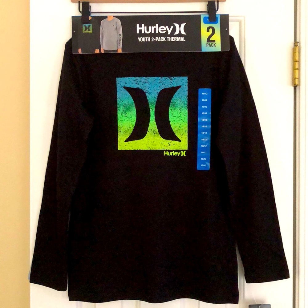 New “2 Pack” youth thermal long sleeve shirts.  Size 10-12.  Black & light grey.